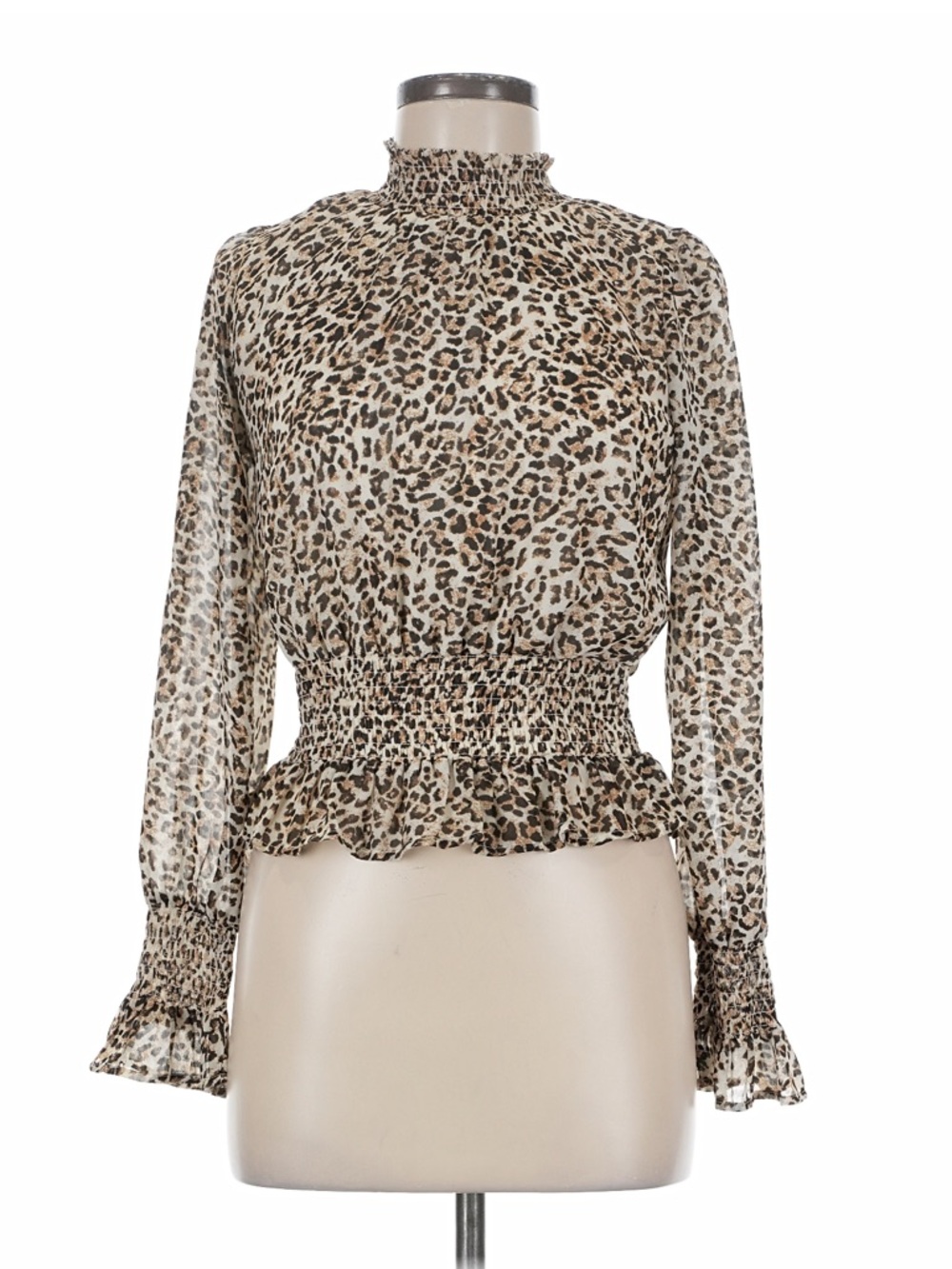 Smocked Waist Leopard-Print Blouse - Beige/Black
